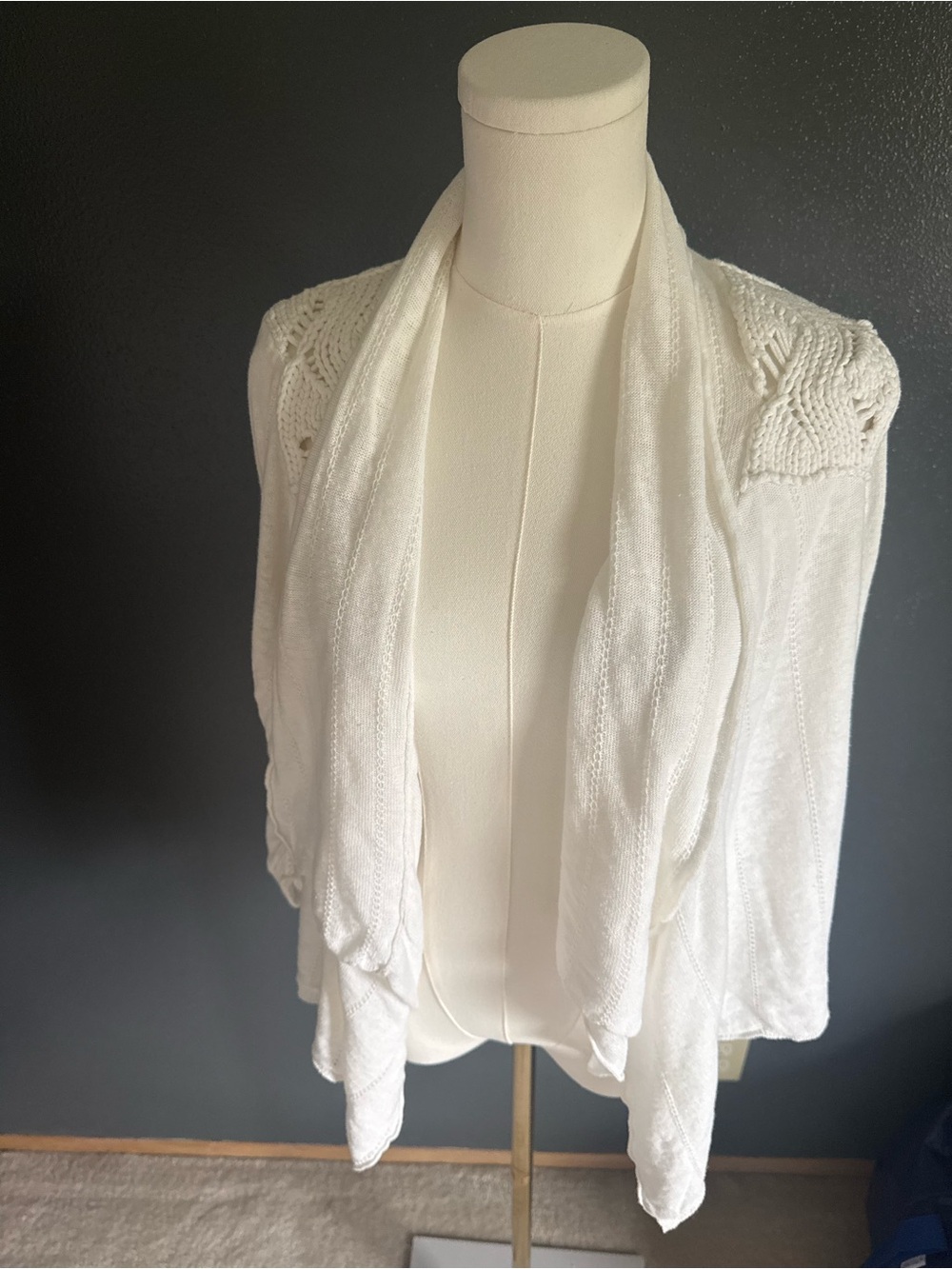 Anthropologie White Draped Crochet Detail Open-Front Cardigan